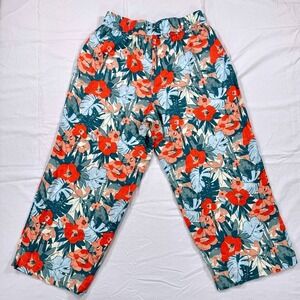 C&C California Women's Large 100% Linen Tropical Floral Cropped Wide Leg Pants